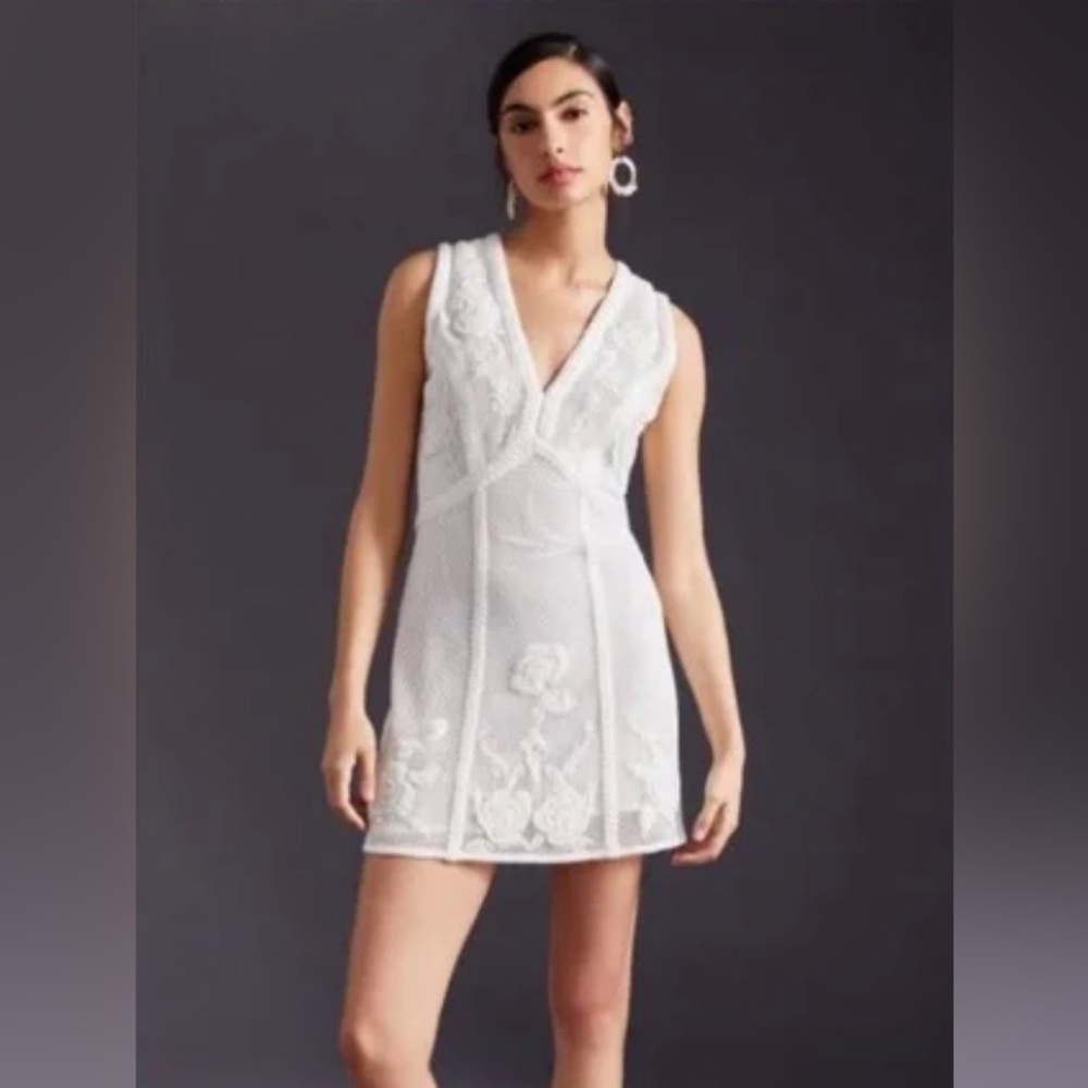 Anthropologie White Lace V-Neck Mini Dress